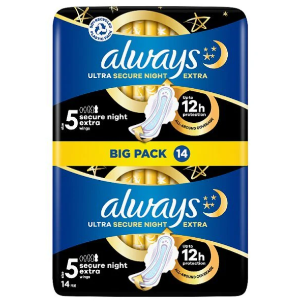 Always Ultra Sanitary Towels Secure Night Extra Size 5 14CT - Image 2