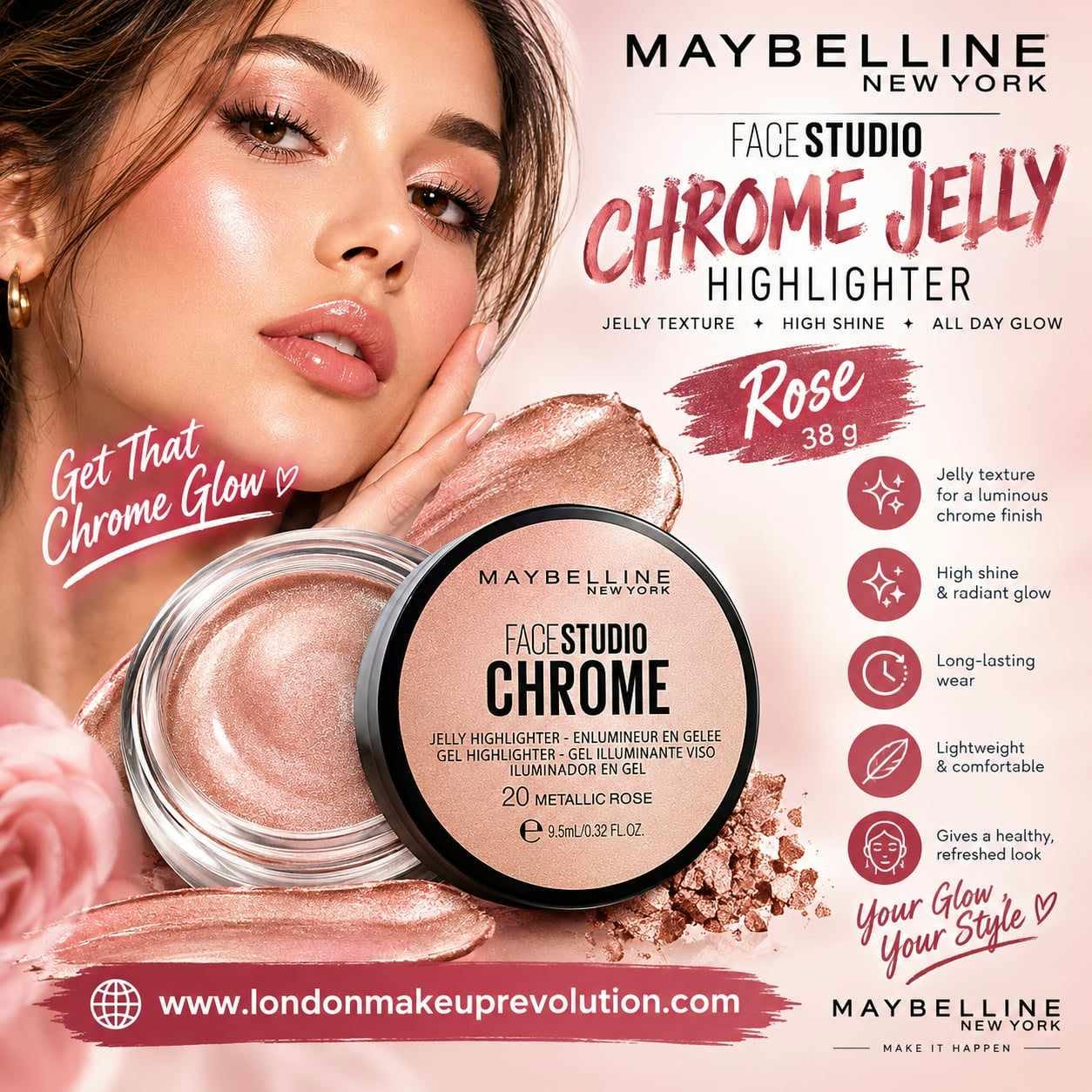 Maybelline Face Studio Chrome Jelly Highlighter 20 Metallic Rose
